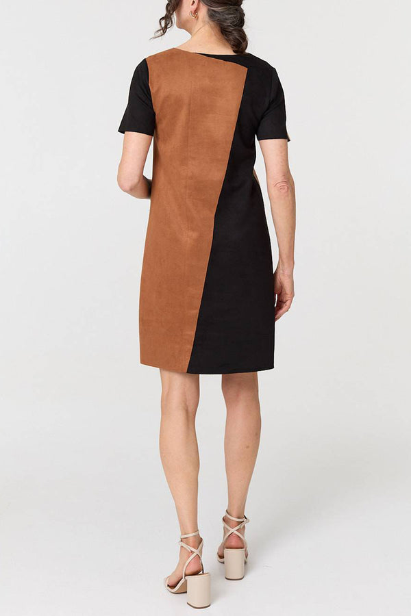 MULTI BROWN | Colour Block Textured Short Shift Dress