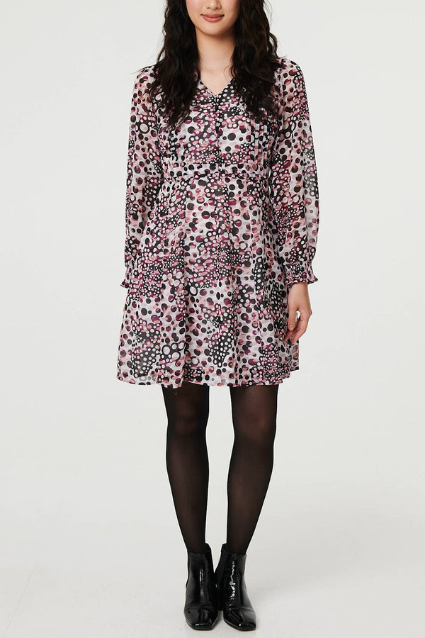 MULTI PINK | Printed Long Sleeve Ruched Short Dress