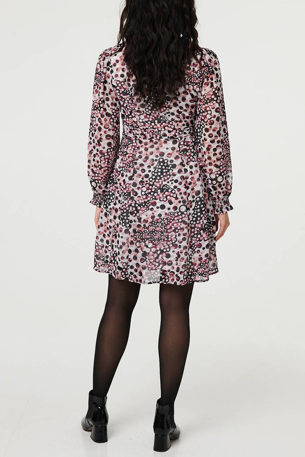 MULTI PINK | Printed Long Sleeve Ruched Short Dress