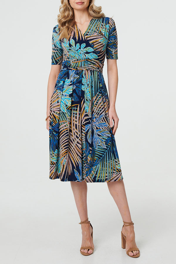 MULTIBLUE / Tropical Ruched Waist Wrap Midi Dress