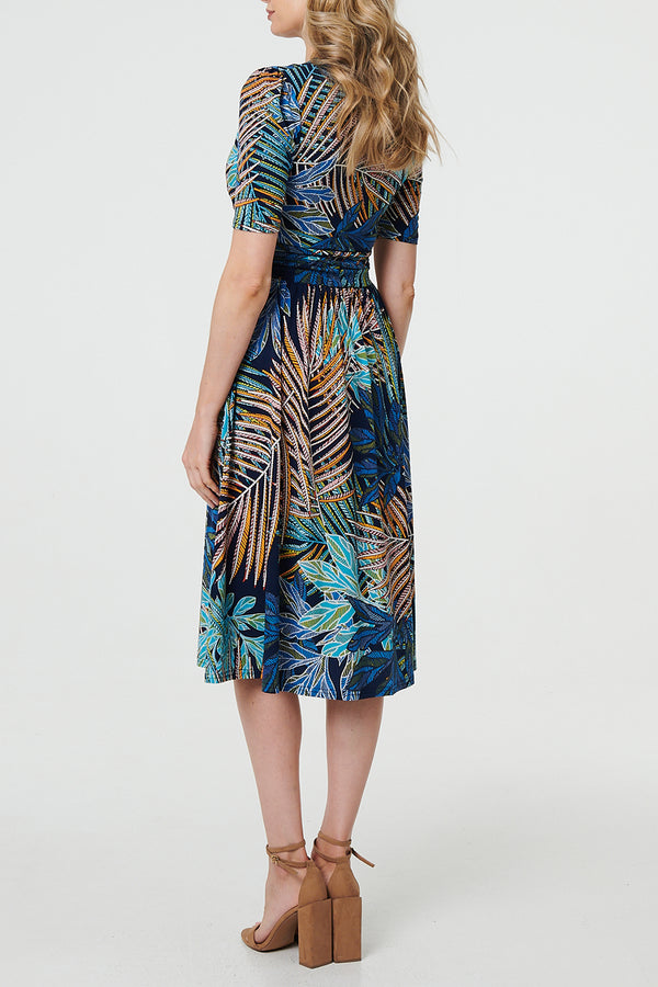 MULTIBLUE / Tropical Ruched Waist Wrap Midi Dress
