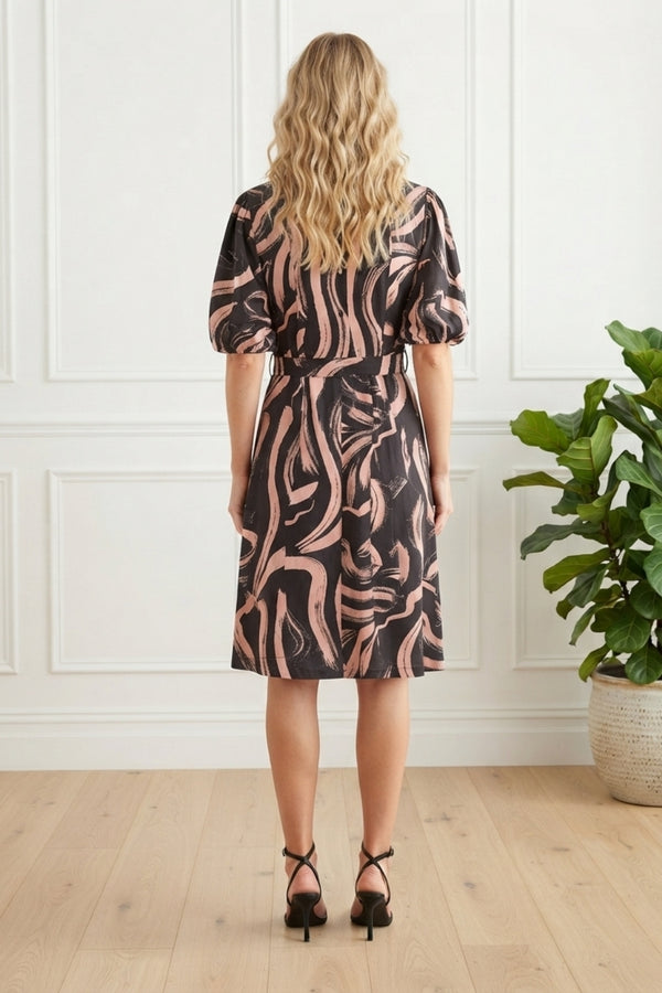 Abstract 1/2 Puff Sleeve Short Dress| PINK