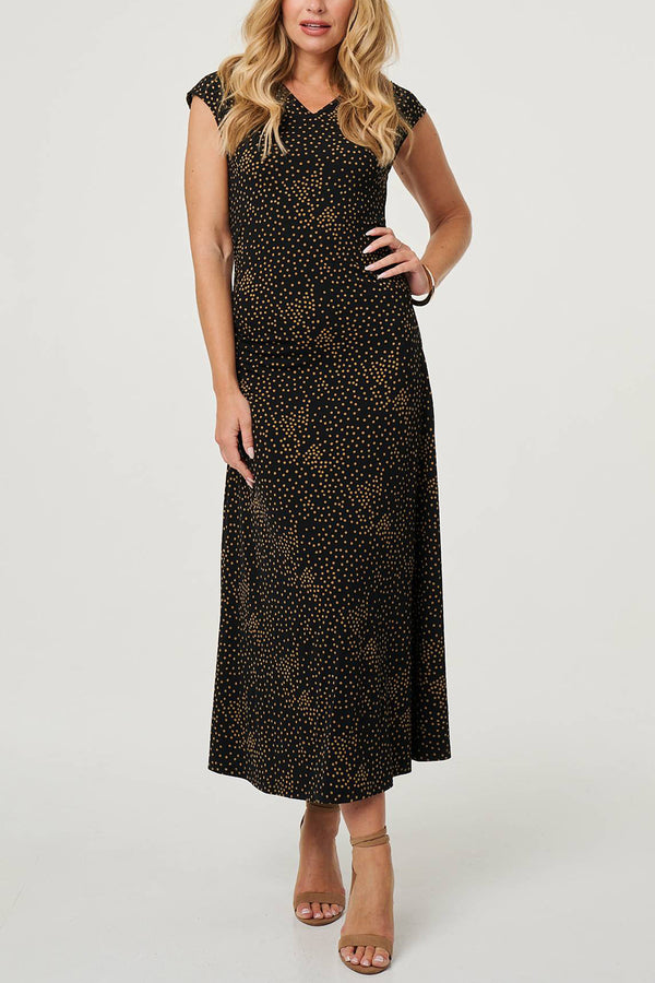 MULTI BLACK| Polka Dot A-Line Ruched Maxi Dress
