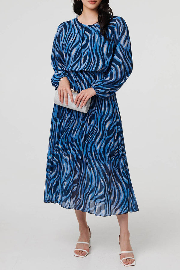 BLUE| Zebra Print Long Sleeve Pleated Dress