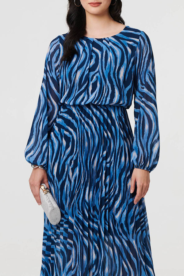 BLUE| Zebra Print Long Sleeve Pleated Dress
