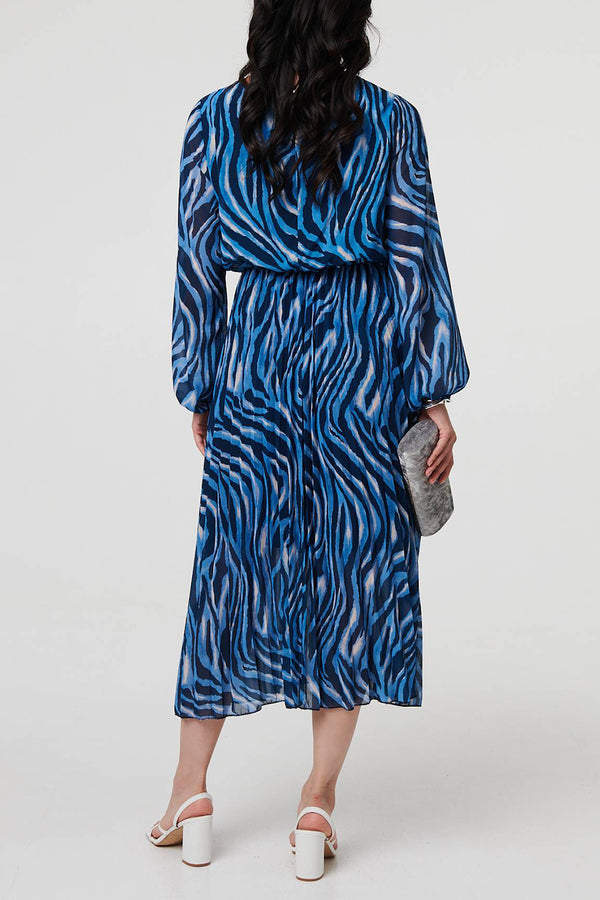 BLUE| Zebra Print Long Sleeve Pleated Dress
