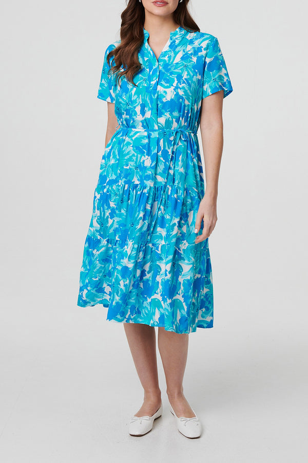 BLUE | Leaf Print Short Sleeve Midi Dress