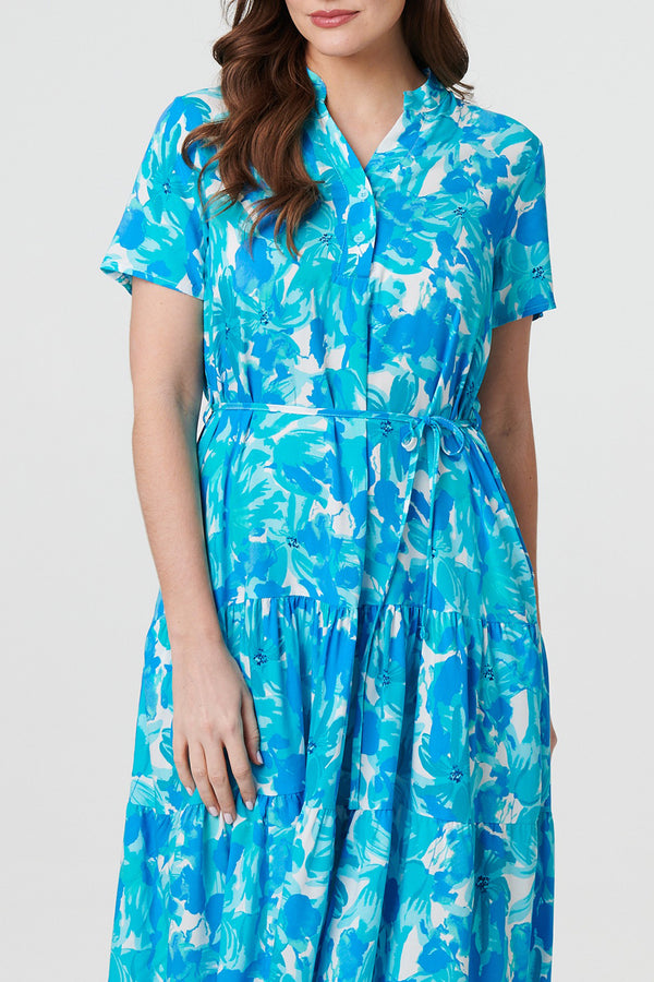 BLUE | Leaf Print Short Sleeve Midi Dress