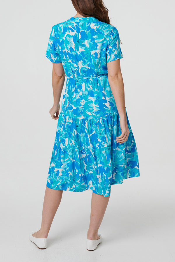 BLUE | Leaf Print Short Sleeve Midi Dress