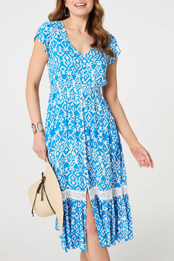 MULTI BLUE | Ikat Print Lace Trim Cap Sleeve Midi Dress