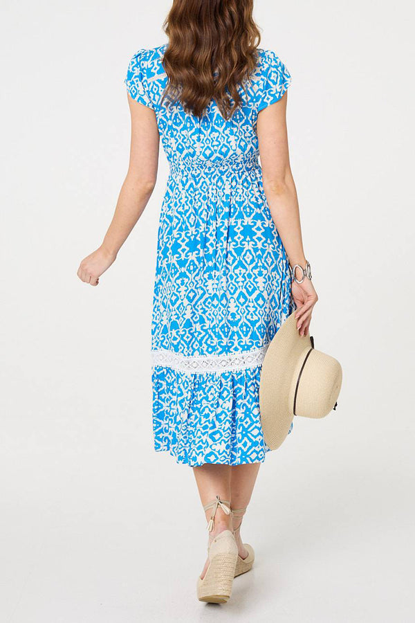 MULTI BLUE | Ikat Print Lace Trim Cap Sleeve Midi Dress