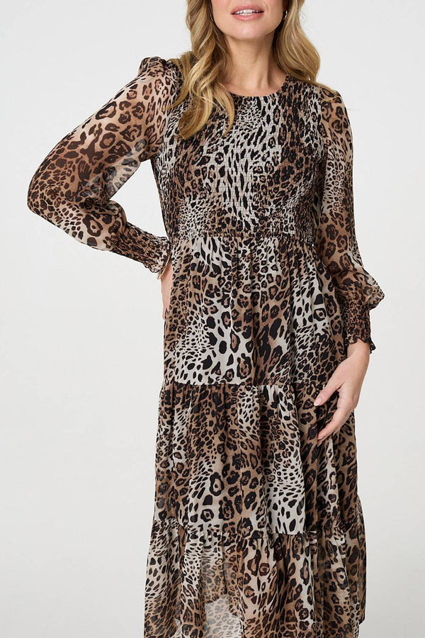 MULTI BEIGE | Animal Print Tiered Midi Smocked Dress