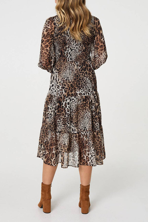 MULTI BEIGE | Animal Print Tiered Midi Smocked Dress