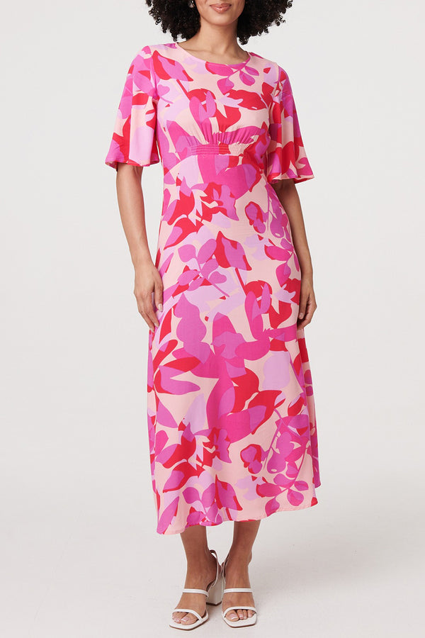 MULTI PINK | Printed 1/2 Sleeve A-Line Maxi Dress