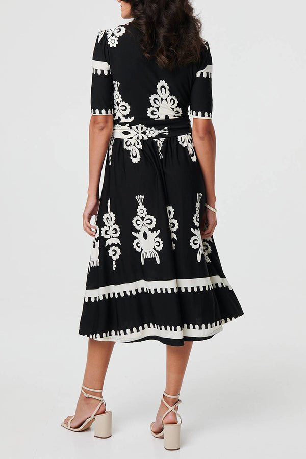 BLACK | Printed 1/2 Sleeve Faux Wrap Midi Dress