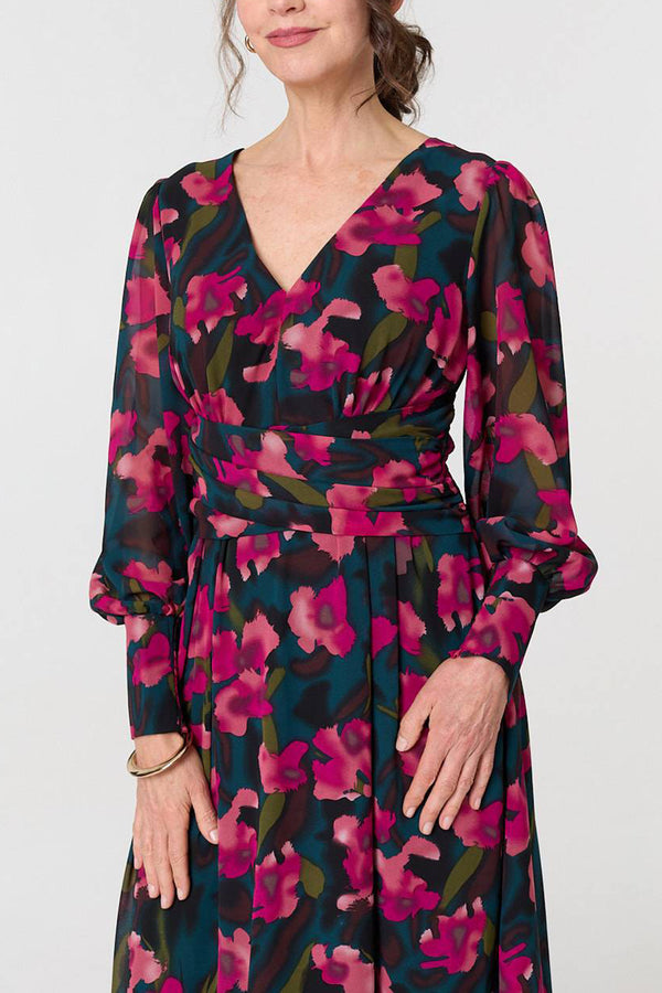 GREEN | Floral Ruched Long Sleeve Maxi Dress