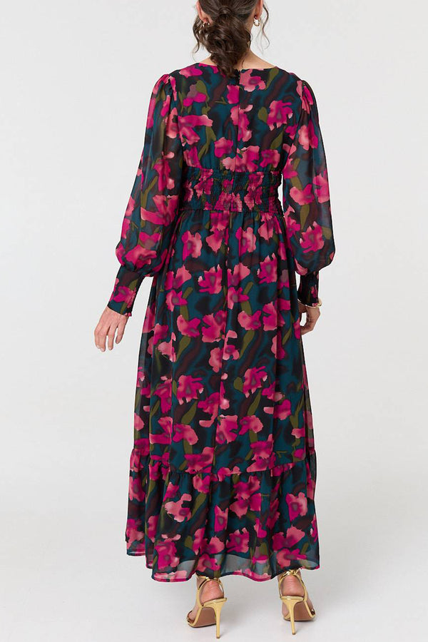 GREEN | Floral Ruched Long Sleeve Maxi Dress
