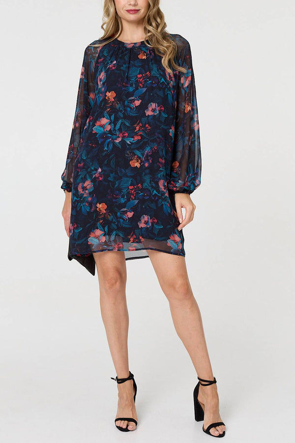 MULTI BLUE | Floral Semi Sheer Layered Short Dress