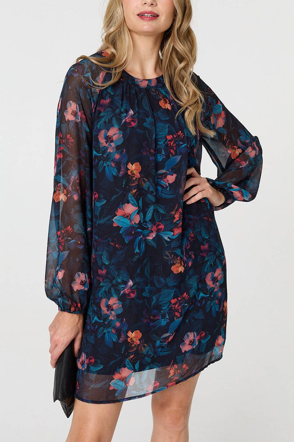 MULTI BLUE | Floral Semi Sheer Layered Short Dress