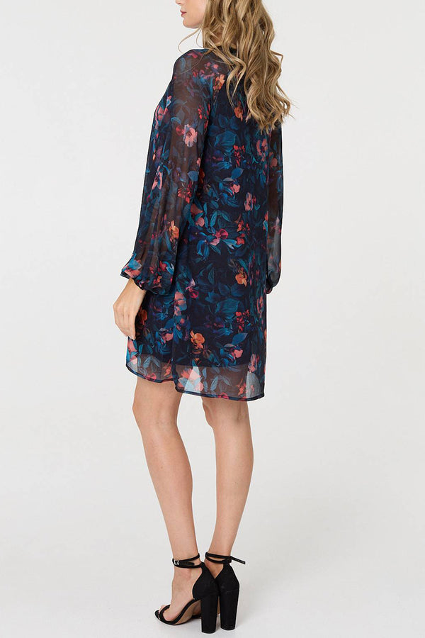 MULTI BLUE | Floral Semi Sheer Layered Short Dress