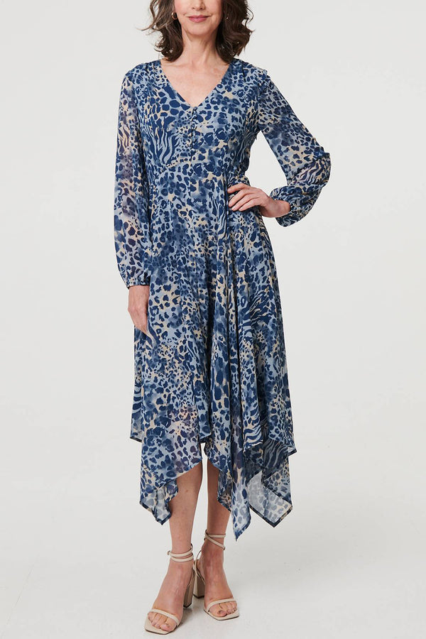 BLUE | Animal Print Hanky Hem Smock Maxi Dress