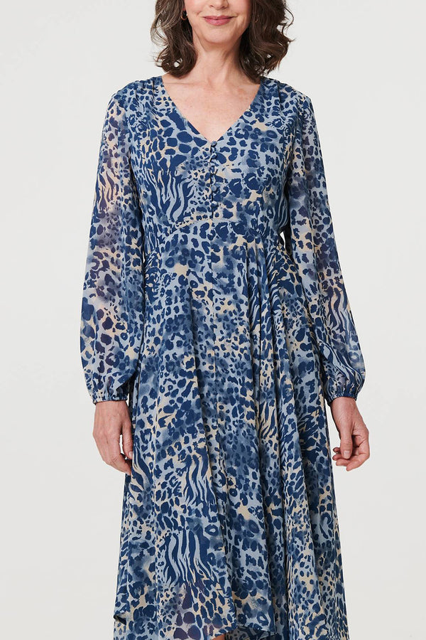 BLUE | Animal Print Hanky Hem Smock Maxi Dress