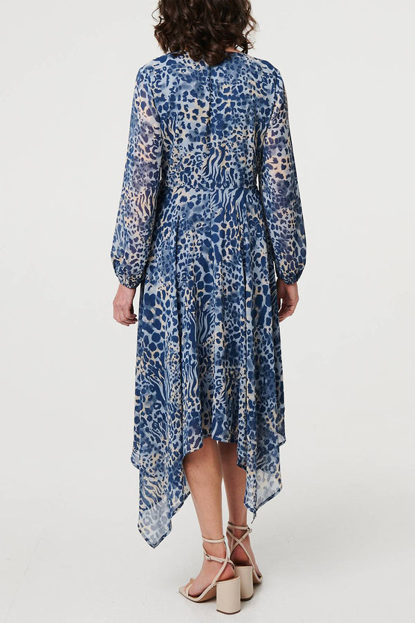 BLUE | Animal Print Hanky Hem Smock Maxi Dress