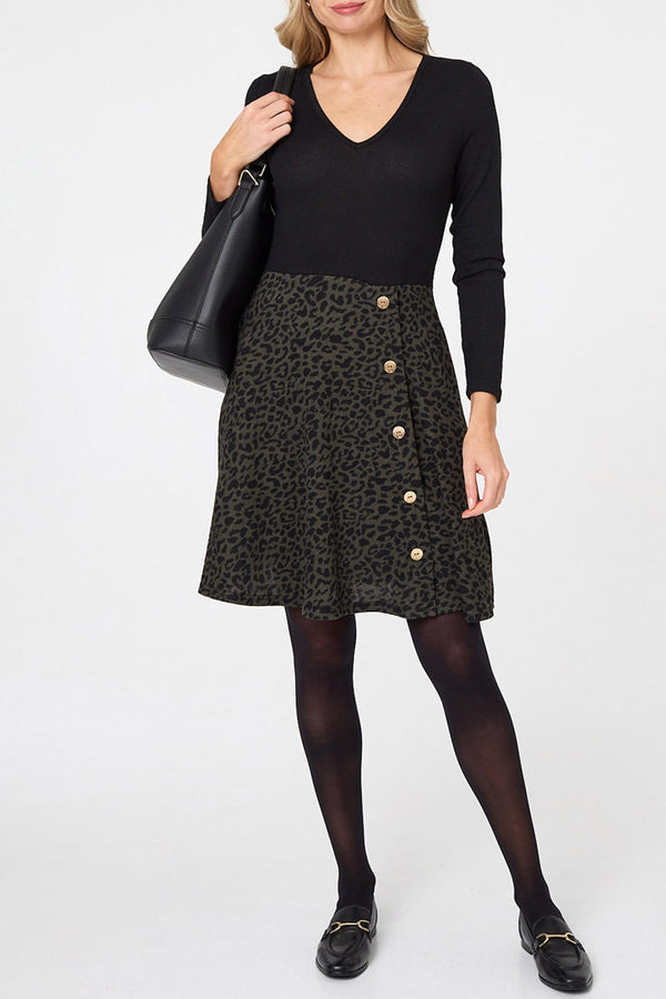 MULTI BLACK | Animal Print V-Neck Short Skater Dress