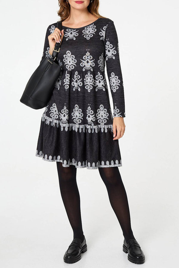 GREY| Printed Long Sleeve Knee Length Dress