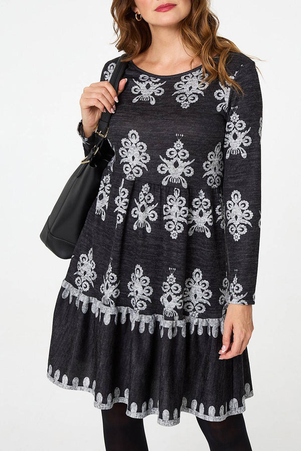 GREY| Printed Long Sleeve Knee Length Dress
