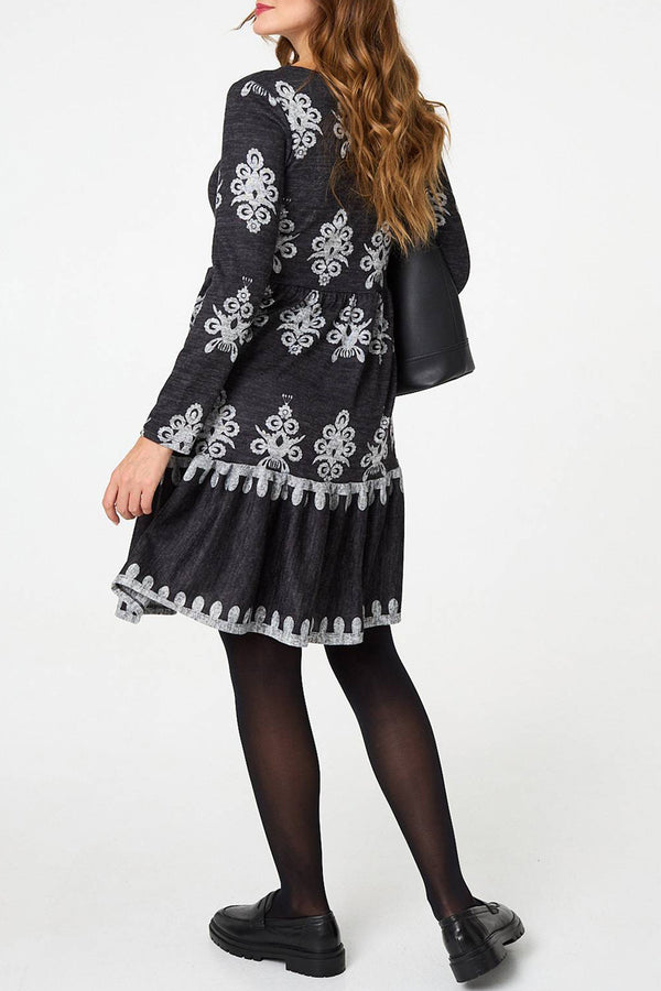 GREY| Printed Long Sleeve Knee Length Dress