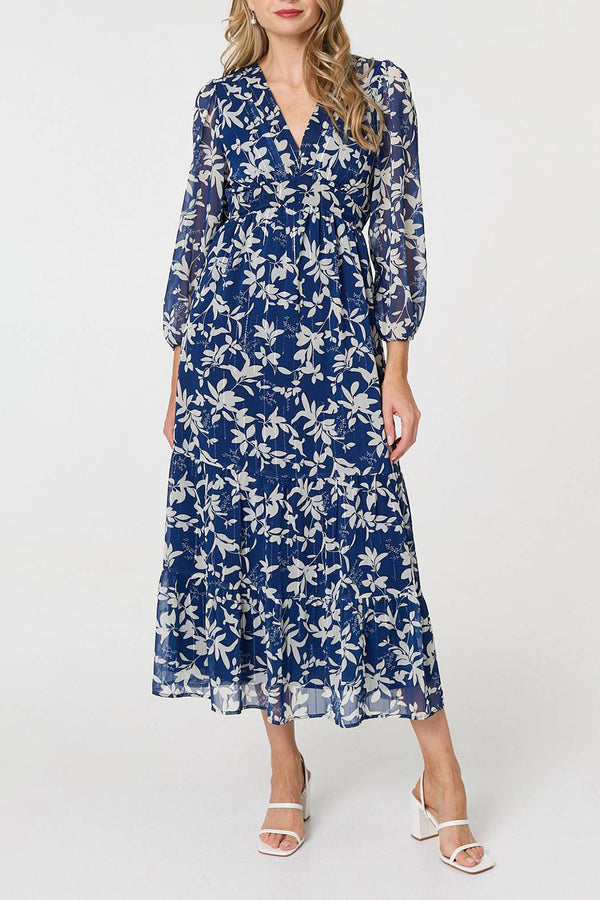 MULTINAVY| Floral Long Sleeve V-Neck Maxi Dress