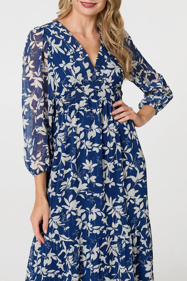 MULTINAVY| Floral Long Sleeve V-Neck Maxi Dress