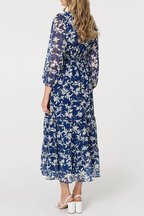 MULTINAVY| Floral Long Sleeve V-Neck Maxi Dress