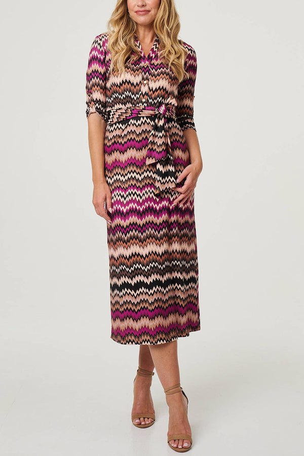 MULTI PURPLE | Chevron Print Tie Waist Midi Shirt Dress