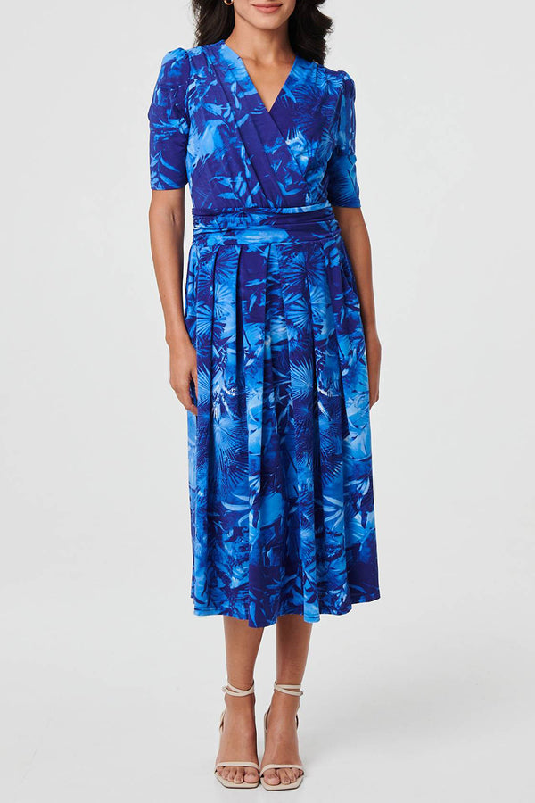 BLUE | Floral 1/2 Sleeve Pleated Midi Dress