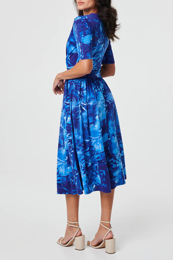 BLUE | Floral 1/2 Sleeve Pleated Midi Dress