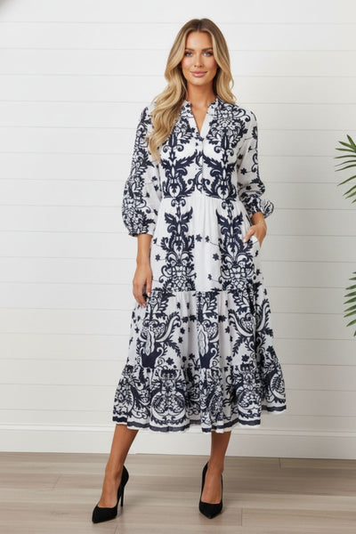 Printed 3/4 Sleeve Knee Length Dress| MULTI NAVY