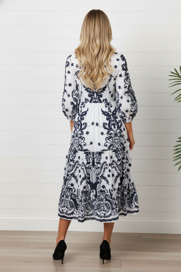 Printed 3/4 Sleeve Knee Length Dress| MULTI NAVY