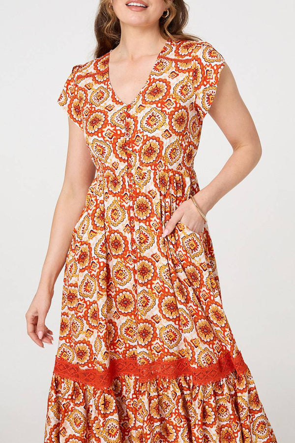 ORANGE | Printed Cap Sleeve Lace Trim Midi Dress