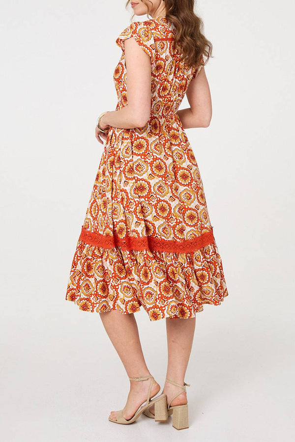 ORANGE | Printed Cap Sleeve Lace Trim Midi Dress