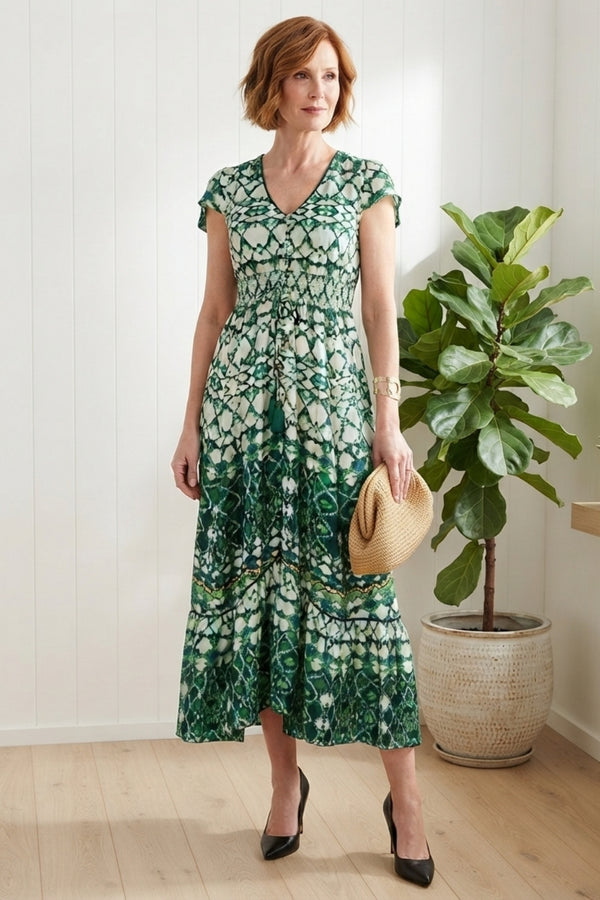 Printed Cap Sleeve Shirred Maxi Dress| GREEN