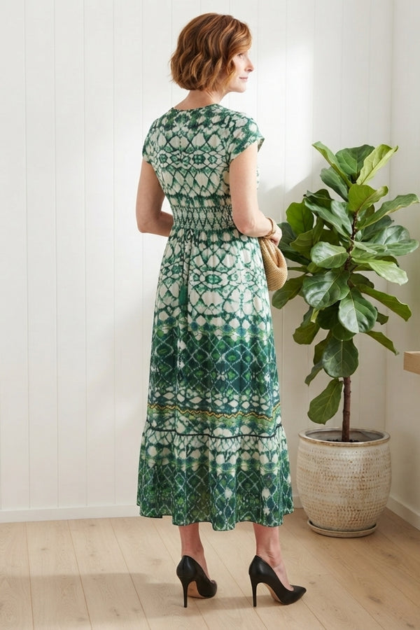 Printed Cap Sleeve Shirred Maxi Dress| GREEN