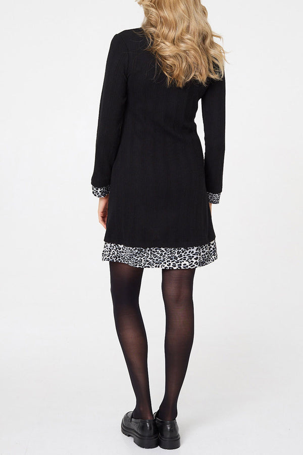 BLACK | Animal Print Layered Shirt Short Dress
