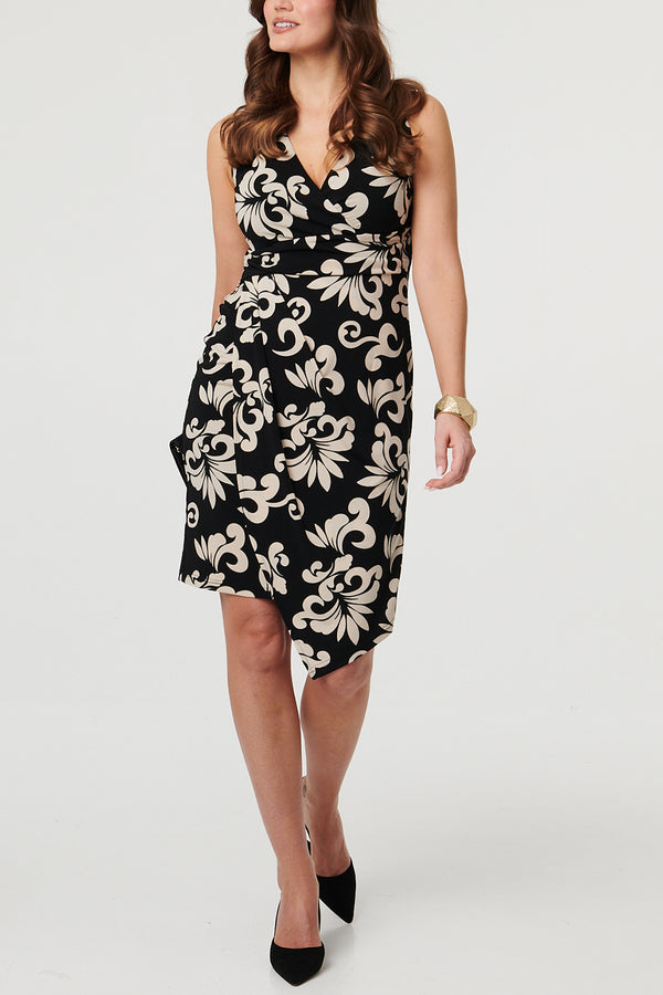 Printed Sleeveless Knee Length Dress| BLACK