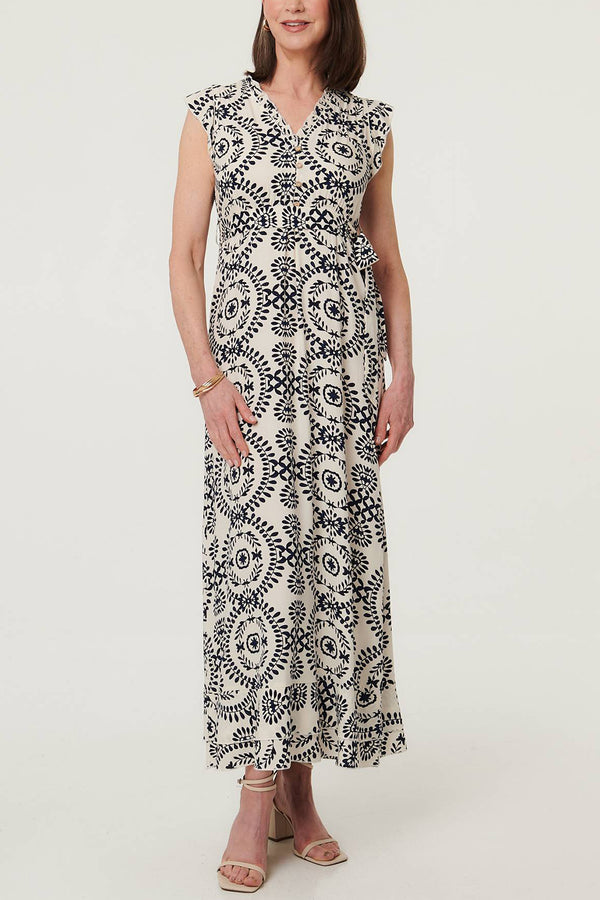 Printed Cap Sleeve Tie Waist Maxi Dress| MULTI CREAM