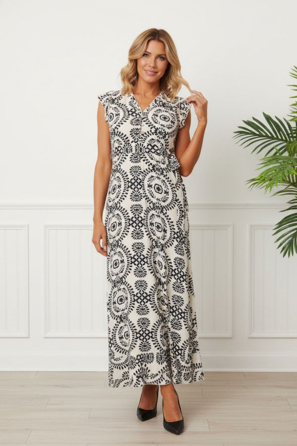 Printed Cap Sleeve Tie Waist Maxi Dress