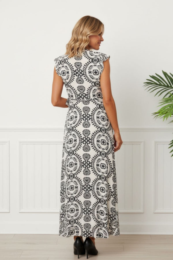 Printed Cap Sleeve Tie Waist Maxi Dress