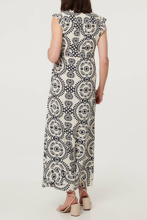 Printed Cap Sleeve Tie Waist Maxi Dress| MULTI CREAM
