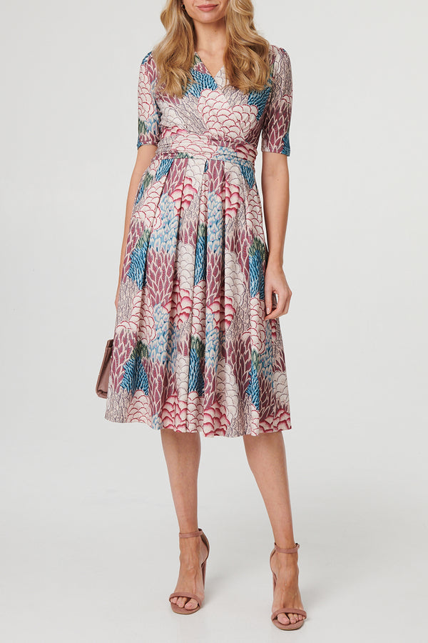 MULTIBEIGE / Abstract 1/2 Sleeve Ruched Midi Dress